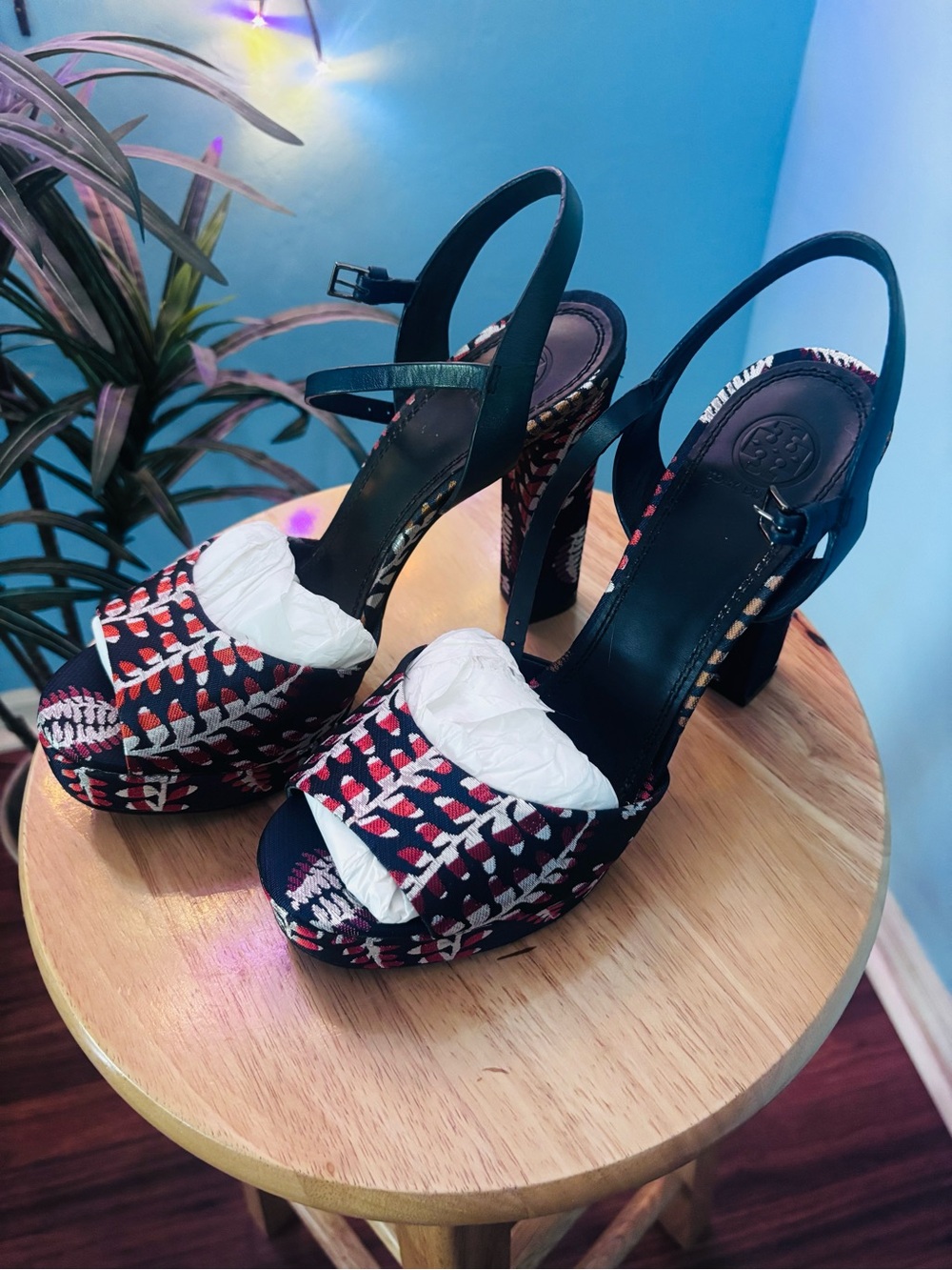 Tory Burch Limited Edition Palm Patterned Platform Slingback Heels Size 9.5